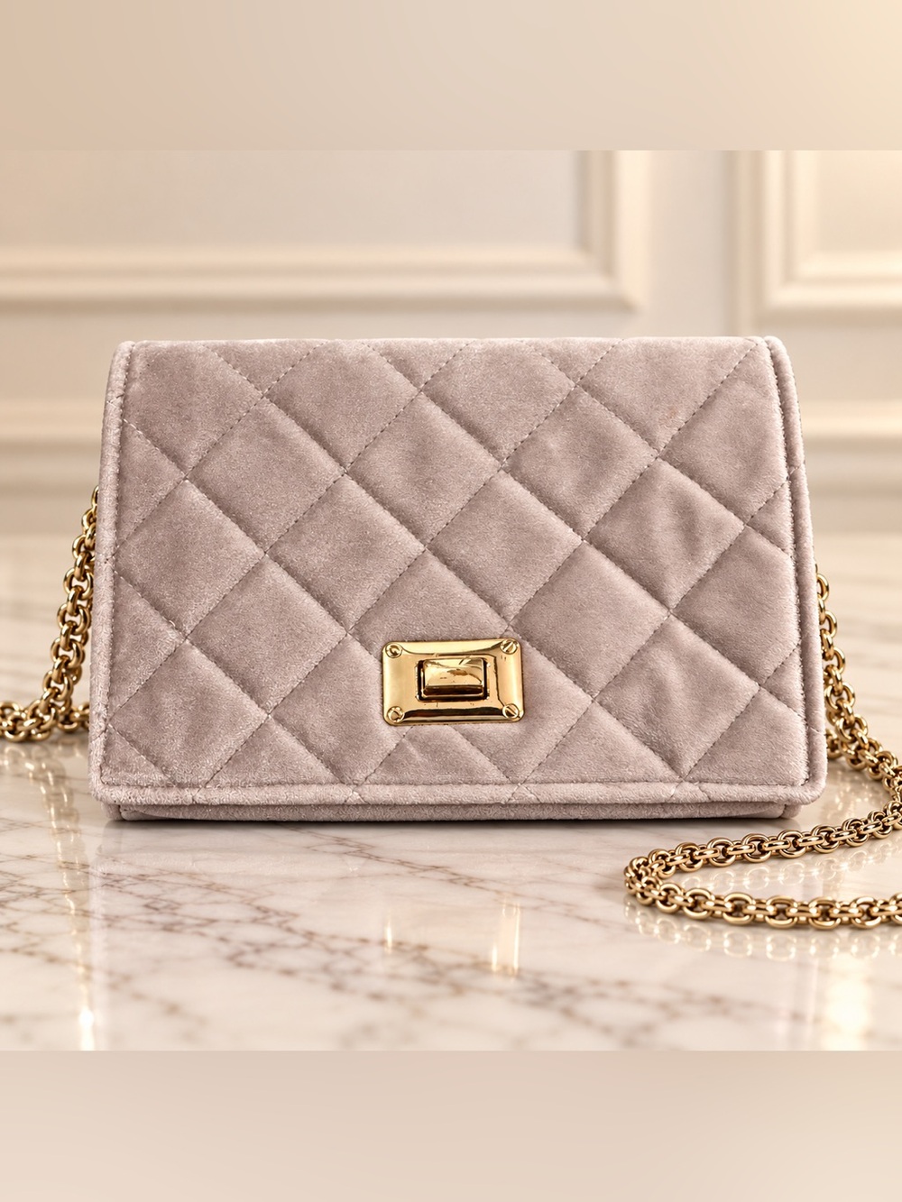 Quilted Velvet crossbody in Light Lavender with Gold Turn-Lock & Gold Chain